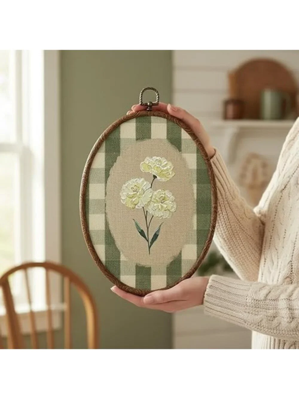 Botanical Flower Oval Wall Art - Green Gingham Cottage Decor for Farmhouse